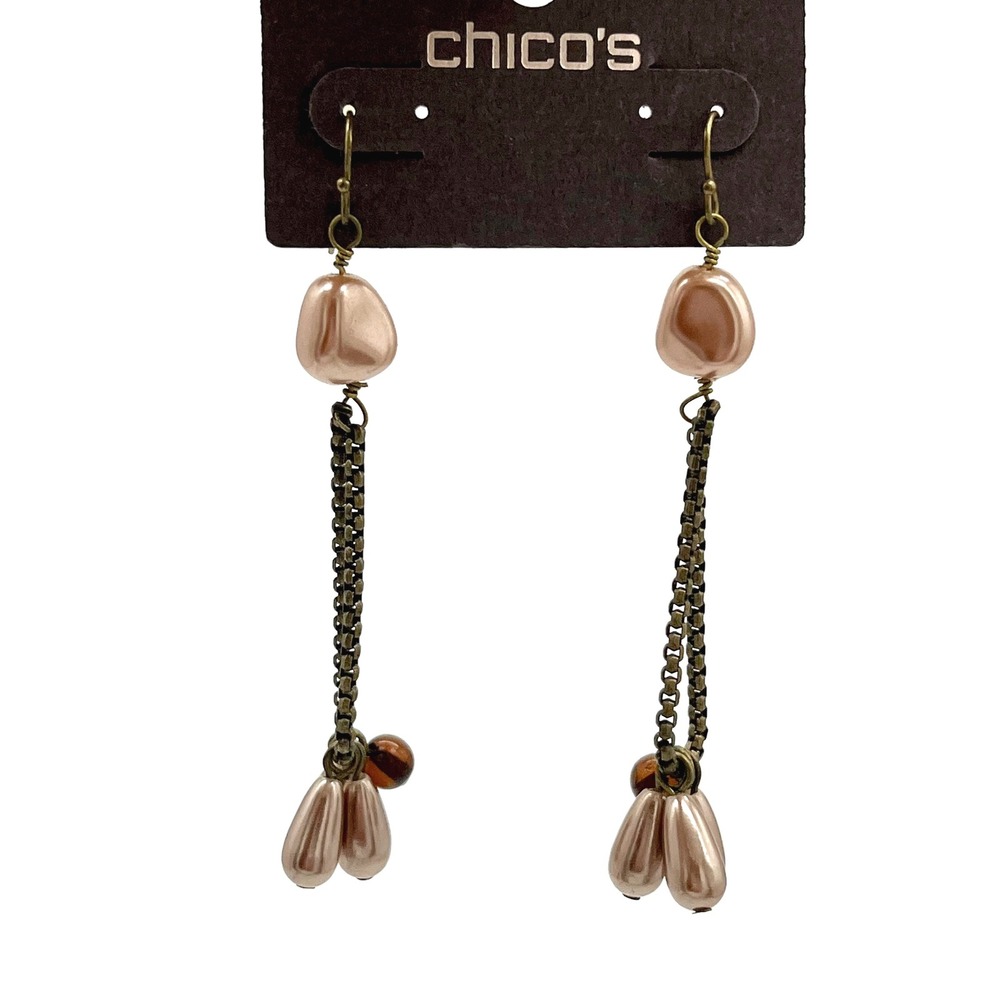 Chico's Dangle Drop Earrings Bronze Chain Faux‎ Pearl Accents